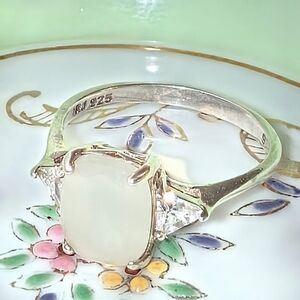 Icy Emerald Cut Jadeite With Cubic Zirconia  Accents Silver Ring W/ Trinket Dish